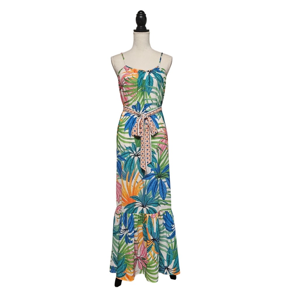 Flying Tomato Tropical Floral Belted Maxi Dress Size S Beach Resort - Picture 2 of 9